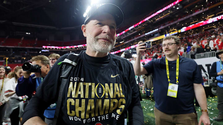 Jan 20, 2025; Atlanta, GA, USA; Ohio State Buckeyes defensive coordinator Jim Knowles celebrates after winning against the Notre Dame Fighting Irish in the CFP National Championship college football game at Mercedes-Benz Stadium. Mandatory Credit: Brett Davis-Imagn Images