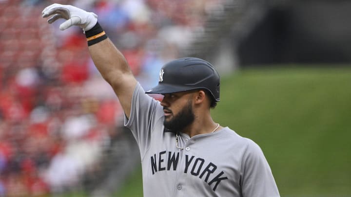 Aug 16, 2025: New York Yankees left fielder Jasson Dominguez (24) reacts after hitting a one run single against the St. Louis Cardinals during the first inning at Busch Stadium. Aug 16, 2025: New York Yankees left fielder Jasson Dominguez (24) reacts after hitting a one run single against the St. Louis Cardinals during the first inning at Busch Stadium.