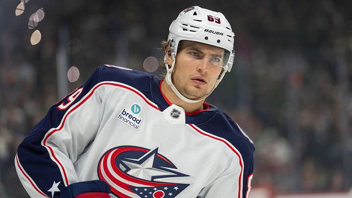 Oct 18, 2026; Saint Paul, Minnesota, USA;  Columbus Blue Jackets left wing Matthew Knies (89) skates during warmups against the Minnesota Wild in the third period at Grand Casino Arena.  Mandatory Credit: Matt Blewett-Imagn Images