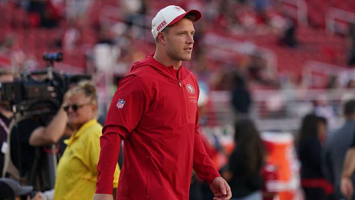 Aug 13, 2026; Santa Clara, California, USA; San Francisco 49ers running back Christian McCaffrey (23) watches warmups before a preseason game against the Tennessee Titans at Levi's Stadium. Mandatory Credit: David Gonzales-Imagn Images Aug 13, 2026; Santa Clara, California, USA; San Francisco 49ers running back Christian McCaffrey (23) watches warmups before a preseason game against the Tennessee Titans at Levi's Stadium. Mandatory Credit: David Gonzales-Imagn Images