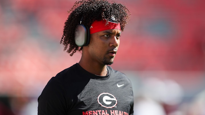 Oct 12, 2024; Athens, Georgia, USA; Georgia Bulldogs quarterback Jaden Rashada (10) warms up before a game against the Mississippi State Bulldogs at Sanford Stadium. Mandatory Credit: Brett Davis-Imagn Images

