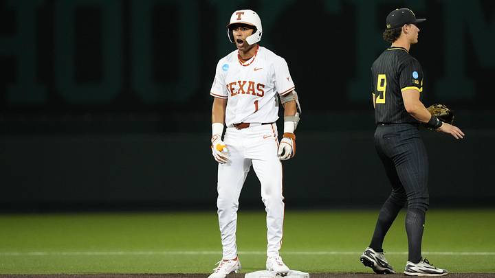 Texas Longhorns infielder Temo Becerra celebrates hitting a double against the Oregon Ducks in the Austin Super Regional. Texas Longhorns infielder Temo Becerra celebrates hitting a double against the Oregon Ducks in the Austin Super Regional.
