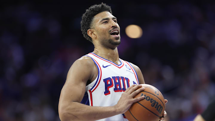 Mar 14, 2026; Philadelphia, Pennsylvania, USA; Philadelphia 76ers guard Quentin Grimes (5) prepares to shoot a foul shot against the Brooklyn Nets during the fourth quarter at Xfinity Mobile Arena. 