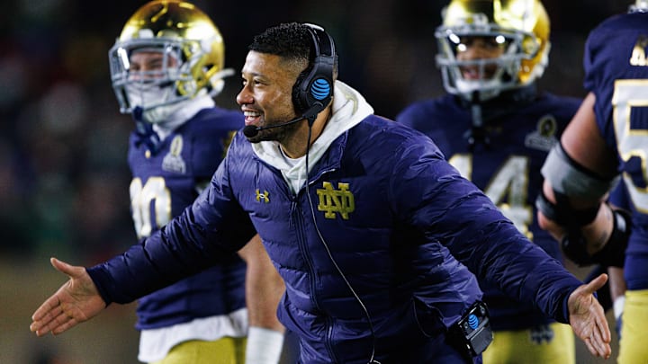 Notre Dame head coach Marcus Freeman during the College Football Playoff game between Notre Dame and Indiana. Notre Dame head coach Marcus Freeman during the College Football Playoff game between Notre Dame and Indiana.