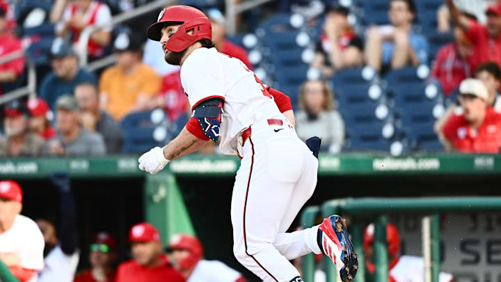 May 6, 2025; Washington, District of Columbia, USA;  Washington Nationals right fielder Dylan Crews (3) hits an RBI double during the seventh inning against the Cleveland Guardians at Nationals Park.