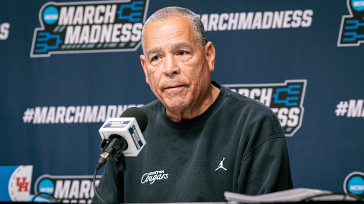 Mar 18, 2026; Oklahoma City, OK, USA; Houston Cougars head coach Kelvin Sampson answers questions during a press conference prior to the practice session ahead of the first round of the men's 2026 NCAA Tournament at Paycom Center. Mandatory Credit: William Purnell-Imagn Images