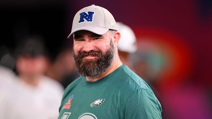 Feb 1, 2024; Orlando, FL, USA;  Philadelphia Eagles center Jason Kelce (62) participates in the NFL