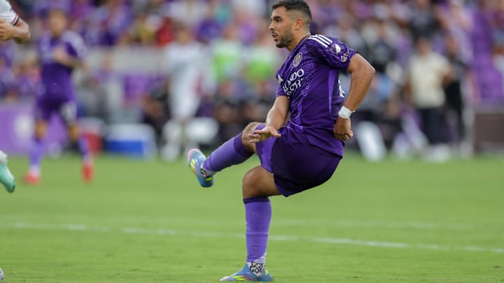 Aug 2, 2025; Orlando, FL, USA; Orlando City midfielder Martin Ojeda (10) scores a goal against Atlas FC in the second half at Inter&Co Stadium. Mandatory Credit: Nathan Ray Seebeck-Imagn Images