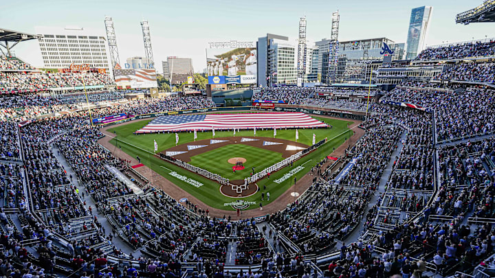 Apr 5, 2024; Cumberland, Georgia, USA; General views of the field during the pregame activities prior to the game between the Atlanta Braves against the Arizona Diamondbacks in the home opening game at Truist Park. Mandatory Credit: Dale Zanine-Imagn Images