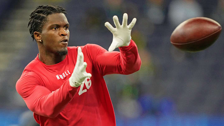 Mar 4, 2023; Indianapolis, IN, USA; Maryland wide receiver Rakim Jarrett (WO26) participates in drills at Lucas Oil Stadium. Mandatory Credit: Kirby Lee-Imagn Images