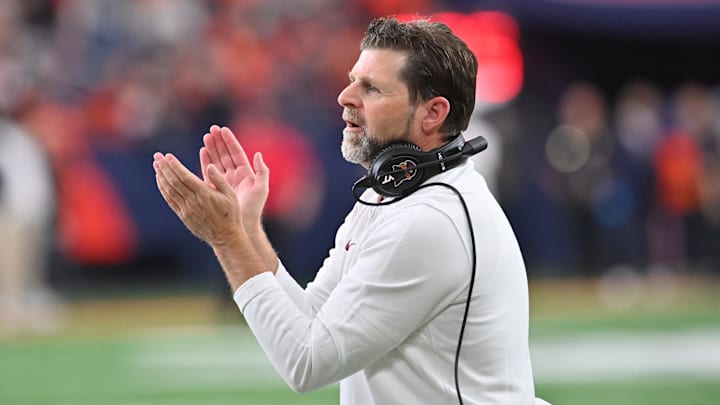 Nov 2, 2024; Syracuse, New York, USA; Virginia Tech Hokies head coach Brent Pry reacts to a play against the Syracuse Orange in the third quarter at JMA Wireless Dome. Mandatory Credit: Mark Konezny-Imagn Images