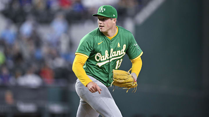 Sep 1, 2024; Arlington, Texas, USA; Oakland Athletics relief pitcher Mason Miller (19) pitches against the Texas Rangers during the tenth inning at Globe Life Field. Sep 1, 2024; Arlington, Texas, USA; Oakland Athletics relief pitcher Mason Miller (19) pitches against the Texas Rangers during the tenth inning at Globe Life Field.