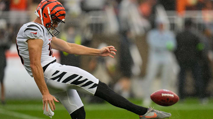 Cincinnati Bengals punter Brad Robbins (10) kicks the ball away in the fourth quarter of the NFL Week 1 game between the Cleveland Browns and the Cincinnati Bengals at FirstEnergy Stadium in downtown Cleveland on Sunday, Sept. 10, 2023. The Browns dealt the Bengals a 24-3 loss to begin the season.