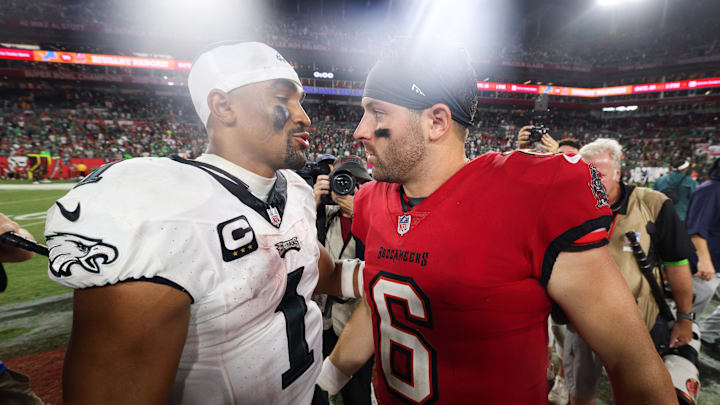 Philadelphia Eagles quarterback Jalen Hurts and Tampa Bay Buccaneers quarterback Baker Mayfield.