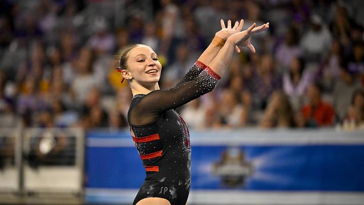 Apr 16, 2026; Fort Worth, TX, USA; Stanford gymnast Ana Barbosu performs on floor exercise during semifinals for the 2026 NCAA Women’s Gymnastics National Championships at Dickies Arena. Mandatory Credit: Jerome Miron-Imagn Images