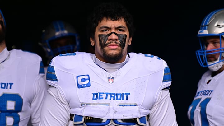 Dec 22, 2024; Chicago, Illinois, USA; Detroit Lions offensive tackle Penei Sewell (58) stands in the tunnel before the game against the Chicago Bears at Soldier Field. Mandatory Credit: Daniel Bartel-Imagn Images