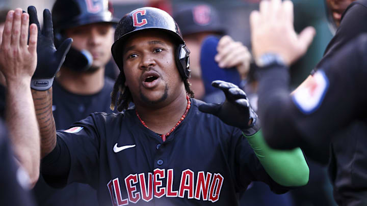 May 24, 2024; Anaheim, California, USA; Cleveland Guardians third base José Ramírez (11) celebrates in the dugout after hitting a home run against the Los Angeles Angels during the third inning of a game at Angel Stadium. Mandatory Credit: Jessica Alcheh-Imagn Images