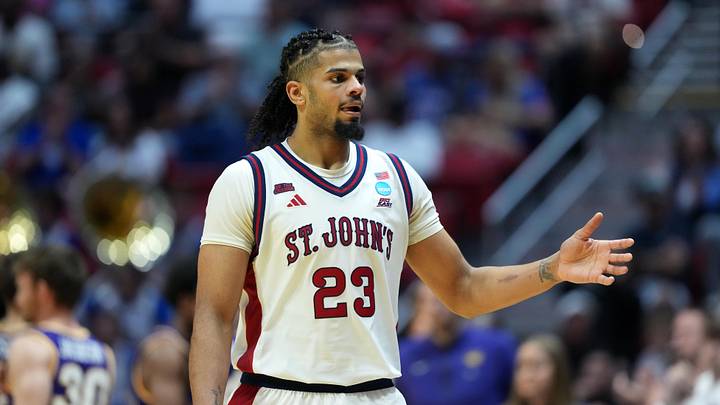 Mar 20, 2026; San Diego, CA, USA; St. John's Red Storm forward Bryce Hopkins (23) reacts in the second half during a first round game of the men's 2026 NCAA Tournament at Viejas Arena. Mandatory Credit: Kirby Lee-Imagn Images