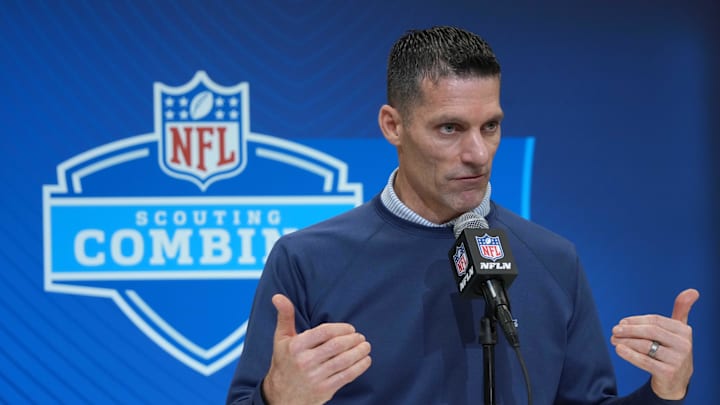 Feb 27, 2025; Indianapolis, IN, USA; Houston Texans general manager Nick Caserio speaks during the 2025 NFL Scouting Combine at the Indiana Convention Center. Mandatory Credit: Kirby Lee-Imagn Images