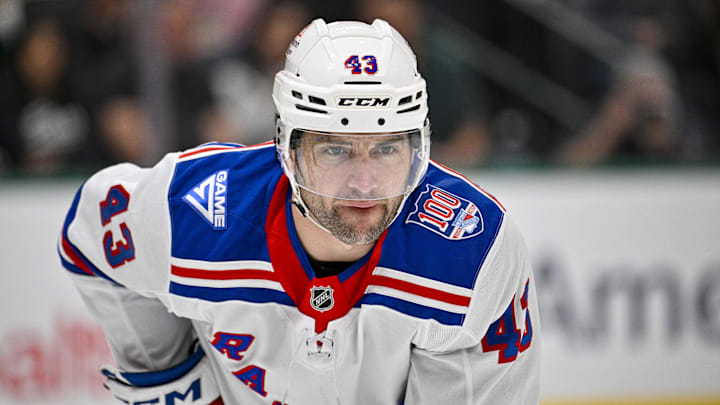 Apr 11, 2026; Dallas, Texas, USA; New York Rangers left wing Conor Sheary (43) looks on during the first period against the Dallas Stars at the American Airlines Center. Mandatory Credit: Jerome Miron-Imagn Images