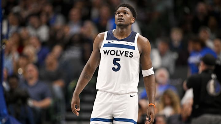 Mar 30, 2026; Dallas, Texas, USA; Minnesota Timberwolves guard Anthony Edwards (5) comes back on the court during the second quarter against the Dallas Mavericks at the American Airlines Center. Mar 30, 2026; Dallas, Texas, USA; Minnesota Timberwolves guard Anthony Edwards (5) comes back on the court during the second quarter against the Dallas Mavericks at the American Airlines Center.