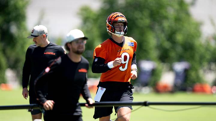 Cincinnati Bengals quarterback Joe Burrow (9) jogs during spring practice on at the Kettering Practice Fields on Tuesday, June 2, 2026. Cincinnati Bengals quarterback Joe Burrow (9) jogs during spring practice on at the Kettering Practice Fields on Tuesday, June 2, 2026.