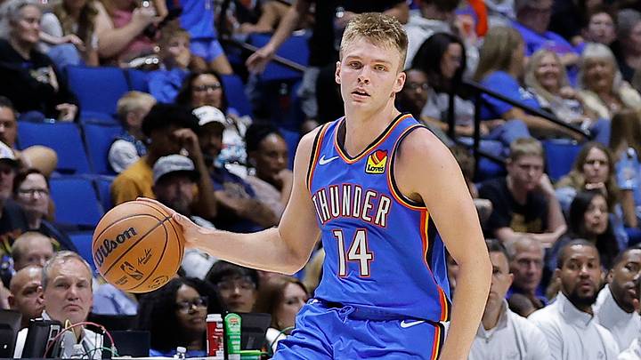 Oct 6, 2026; Tulsa, Oklahoma, USA; Oklahoma City Thunder guard Bennett Stirtz (14) dribbles down the court against the New Orleans Pelicans during the second half of a preseason game at BOK Center. Mandatory Credit: Alonzo Adams-Imagn Images