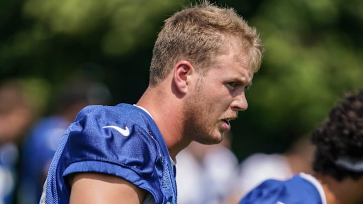 Indianapolis Colts Player Hunter Wohler (30) stretches with team mates during the Colts training camp at Grand Park on Saturday, July 26, 2025, in Westfield, Ind.