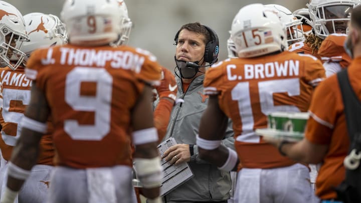 Nov 27, 2020; Austin, TX, USA; Texas Longhorns defensive coordinator Chris Ash looks on during a timeout late in the fourth quarter against Iowa State Cyclones during NCAA college football game at Darrell K Royal-Texas Memorial Stadium.  Mandatory Credit: Ricardo B. Brazziell-USA TODAY NETWORK