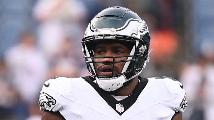Philadelphia Eagles defensive end Bryce Huff (0) warms up before a game against the New England Patriots