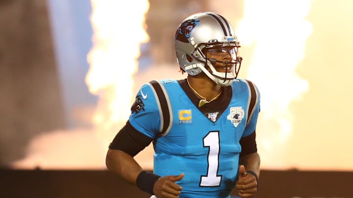 Sep 12, 2019; Charlotte, NC, USA; Carolina Panthers quarterback Cam Newton (1) jogs onto the field prior to a game against the Tampa Bay Buccaneers at Bank of America Stadium. Mandatory Credit: Jeremy Brevard-Imagn Images