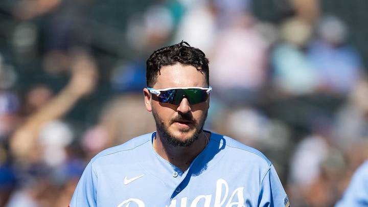 Feb 25, 2026; Surprise, Arizona, USA; Kansas City Royals first baseman Vinnie Pasquantino against the Seattle Mariners during a spring training game at Surprise Stadium. Mandatory Credit: Mark J. Rebilas-Imagn Images