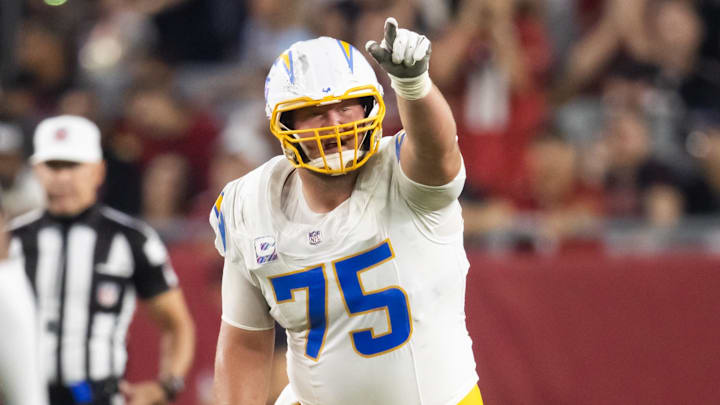Oct 21, 2024; Glendale, Arizona, USA; Los Angeles Chargers center Bradley Bozeman (75) against the Arizona Cardinals at State Farm Stadium. Mandatory Credit: Mark J. Rebilas-Imagn Images