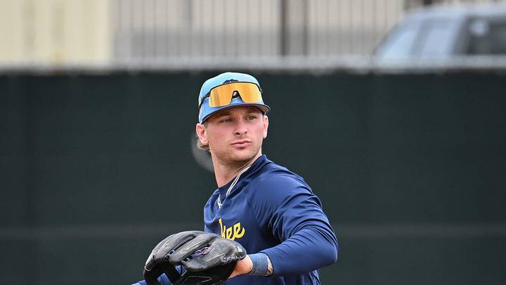 Milwaukee Brewers infielder/outfielder Jett Williams throws to first during spring training workouts Monday, February 16, 2026, at American Family Fields of Phoenix in Phoenix, Arizona.