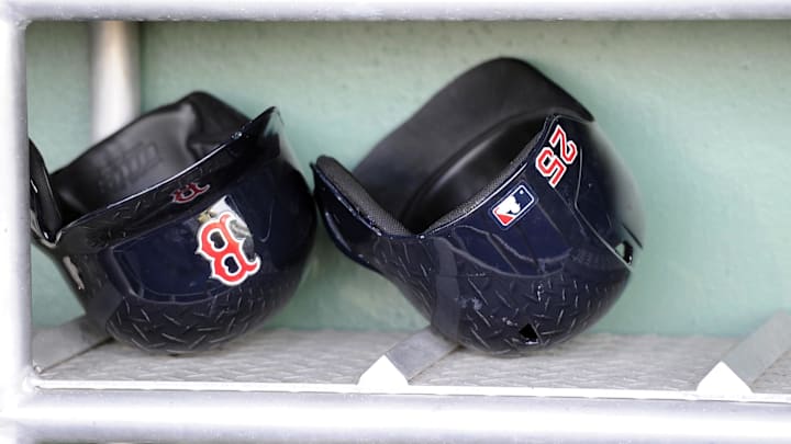 Mar 8, 2012; Fort Myers, FL, USA; Boston Red Sox right fielder Ryan Sweeney (not pictured) batting helmet in the dugout before the game between the Red Sox and the Minnesota Twins at JetBlue Park. Mandatory Credit: Jerome Miron-US PRESSWIRE Mar 8, 2012; Fort Myers, FL, USA; Boston Red Sox right fielder Ryan Sweeney (not pictured) batting helmet in the dugout before the game between the Red Sox and the Minnesota Twins at JetBlue Park. Mandatory Credit: Jerome Miron-US PRESSWIRE