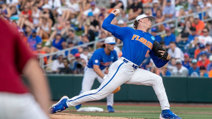 Gators pitcher Hurston Waldrep (12) is the starter for Florida against South Carolina in Game 2 of the NCAA Super Regionals, Saturday, June 10, 2023, at Condron Family Ballpark in Gainesville, Florida. The Gators beat the Gamecocks 4-0 and are headed to the College World Series in Omaha.  [Cyndi Chambers/ Gainesville Sun] 2023
