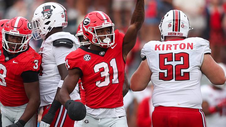 Sep 6, 2025; Athens, Georgia, USA; Georgia Bulldogs defensive back Kyron Jones (31) reacts after a stop on defense against the Austin Peay Governors in the third quarter at Sanford Stadium. Mandatory Credit: Brett Davis-Imagn Images