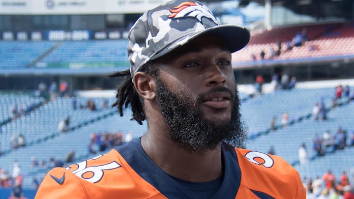 Aug 20, 2022; Orchard Park, New York, USA; Denver Broncos linebacker Baron Browning (56) leaves the field after a pre-season game against the Buffalo Bills at Highmark Stadium. Mandatory Credit: Mark Konezny-Imagn Images