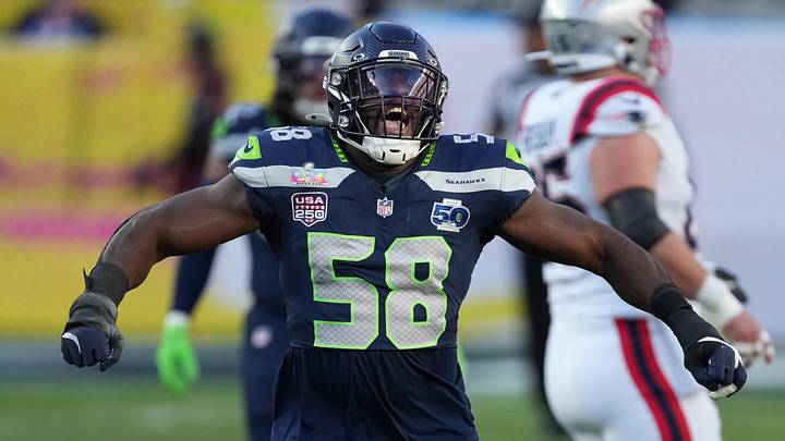 Feb 8, 2026; Santa Clara, CA, USA; Seattle Seahawks linebacker Derick Hall (58) celebrates against the New England Patriots in the first half in Super Bowl LX at Levi's Stadium. Mandatory Credit: Cary Edmondson-Imagn Images
