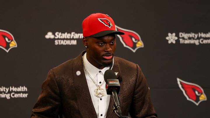 Apr 24, 2026; Phoenix, AZ, USA; Arizona Cardinals first-round draft pick Jeremiyah Love talks to media during a press conference at Dignity Health Arizona Cardinals Training Center. Mandatory Credit: Anna Carrington-Imagn Images