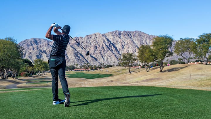 Jason Day watches his shot from the three tee on the Pete Dye Stadium Course during the final round