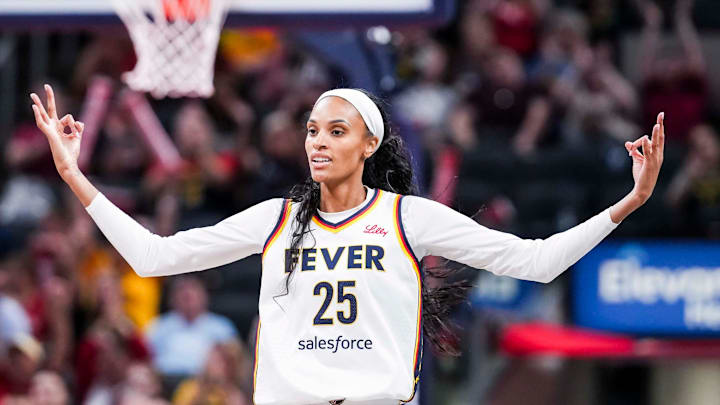 Indiana Fever forward DeWanna Bonner (25) celebrates a 3-pointer Tuesday, June 3, 2025, during a game between the Indiana Fever and the Washington Mystics at Gainbridge Fieldhouse in Indianapolis.