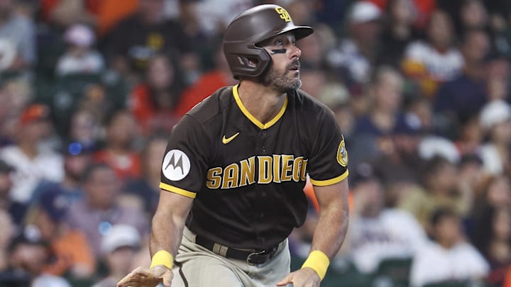 Sep 10, 2023; Houston, Texas, USA; San Diego Padres designated hitter Matt Carpenter (14) hits a