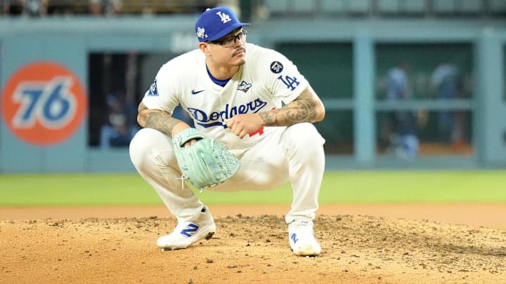 Oct 29, 2025; Los Angeles, California, USA; Los Angeles Dodgers relief pitcher Anthony Banda (43) reacts during game five of the 2025 MLB World Series against the Toronto Blue Jays at Dodger Stadium. Mandatory Credit: Kirby Lee-Imagn Images