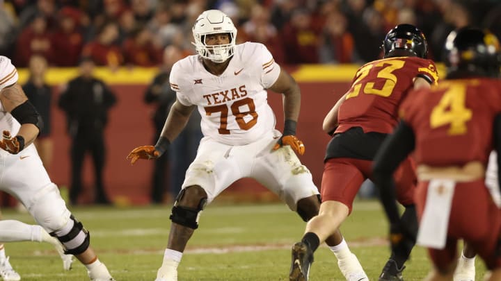 Nov 18, 2023; Ames, Iowa, USA; Texas Longhorns offensive lineman Kelvin Banks Jr. (78) plays against the Iowa State Cyclones at Jack Trice Stadium. Mandatory Credit: Reese Strickland-USA TODAY Sports Nov 18, 2023; Ames, Iowa, USA; Texas Longhorns offensive lineman Kelvin Banks Jr. (78) plays against the Iowa State Cyclones at Jack Trice Stadium. Mandatory Credit: Reese Strickland-USA TODAY Sports