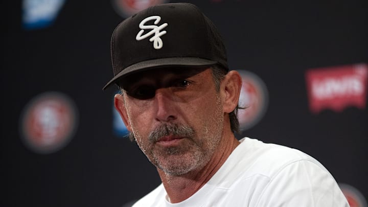 Jun 10, 2025; Santa Clara, CA, USA; San Francisco 49ers head coach Kyle Shanahan speaks to the media following an OTA at Levi's Stadium. Mandatory Credit: D. Ross Cameron-Imagn Images