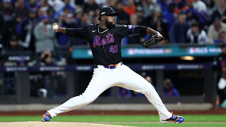 Oct 16, 2024; New York City, New York, USA; New York Mets pitcher Luis Severino (40) throws a pitch against the Los Angeles Dodgers in the first inning during game three of the NLCS for the 2024 MLB playoffs at Citi Field. Mandatory Credit: Wendell Cruz-Imagn Images