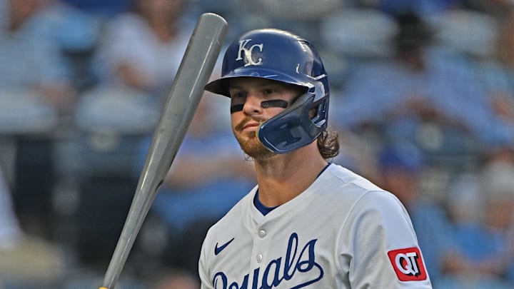 Sep 2, 2025; Kansas City, Missouri, USA; Kansas City Royals shortstop Bobby Witt Jr. (7) walks back to the dugout after being called out on strikes in the first inning against the Los Angeles Angels at Kauffman Stadium. Mandatory Credit: Peter Aiken-Imagn Images Sep 2, 2025; Kansas City, Missouri, USA; Kansas City Royals shortstop Bobby Witt Jr. (7) walks back to the dugout after being called out on strikes in the first inning against the Los Angeles Angels at Kauffman Stadium. Mandatory Credit: Peter Aiken-Imagn Images