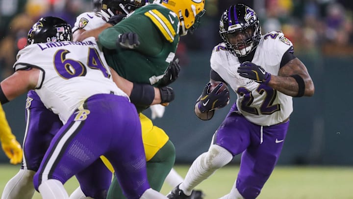 Baltimore Ravens running back Derrick Henry (22) runs the ball against the Green Bay Packers on Saturday, December 27, 2025, at Lambeau Field in Green Bay, Wis. 
Tork Mason/USA TODAY NETWORK-Wisconsin