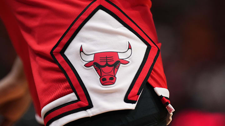 Dec 16, 2023; Miami, Florida, USA; A detailed view of the Chicago Bulls logo on the shorts of Chicago Bulls guard Ayo Dosunmu (12) during the first half against the Miami Heat at Kaseya Center. Mandatory Credit: Jasen Vinlove-Imagn Images